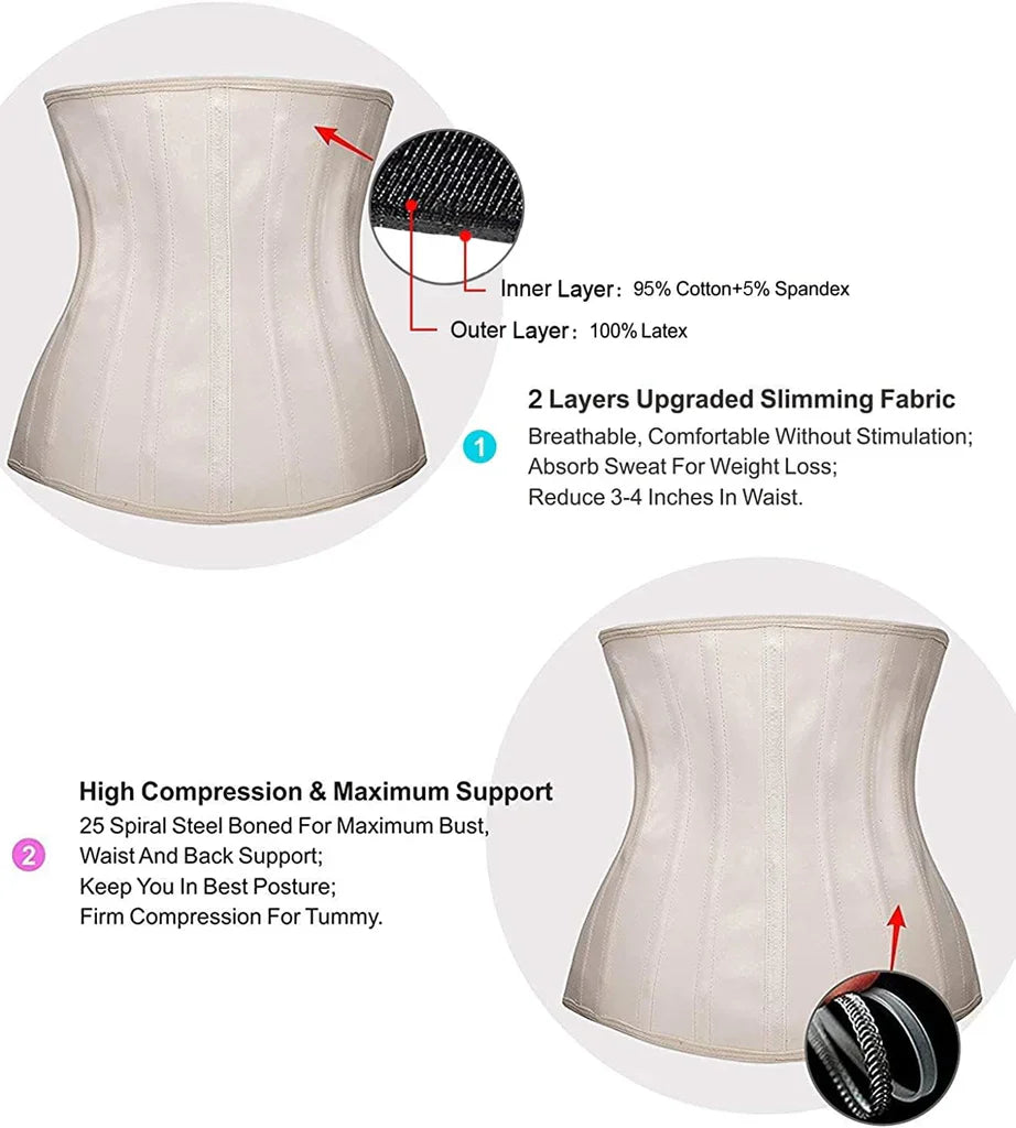 YIANNA Women Latex Waist Trainer 25 Steel Bones 3 Row Hooks